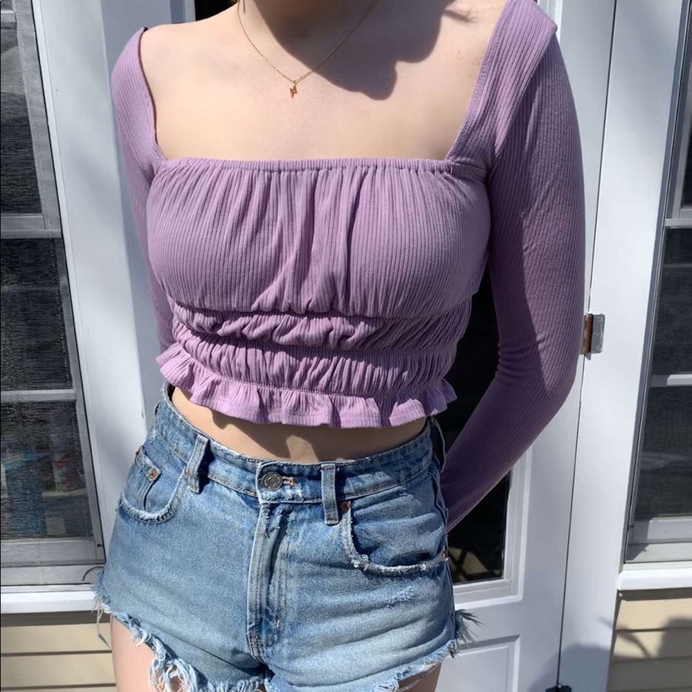 UO light purple long sleeve cropped frilly sweater